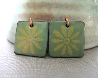 Enameled Earrings, Copper Earrings, Daisy Earrings, Seafoam Green, Yellow Flower, Square Earrings, Geometric Jewelry, Copper Jewelry,