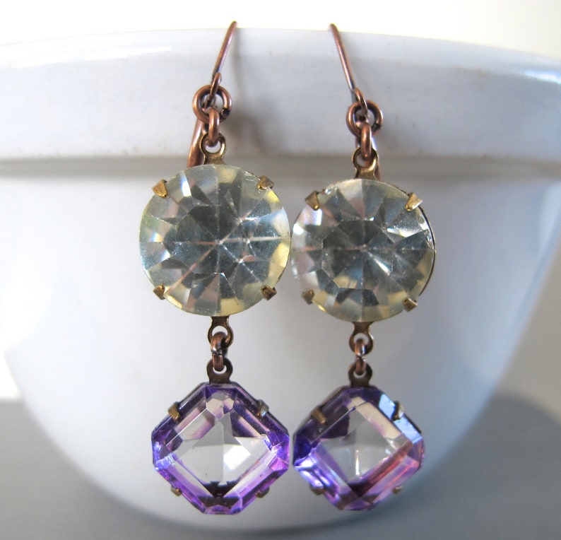 Rhinestone Earrings, Copper Earrings, Copper Jewelry, Vintage Glass, Vintage Rhinestone, Crystal Clear, Purple Glass image 5