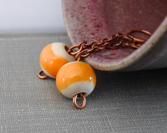 Copper Earrings, Ceramic Earrings, Orange Earrings, Orange and Beige, Orange, Clay Bead,