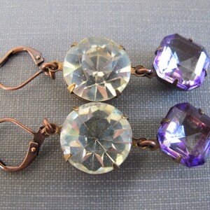 Rhinestone Earrings, Copper Earrings, Copper Jewelry, Vintage Glass, Vintage Rhinestone, Crystal Clear, Purple Glass image 4