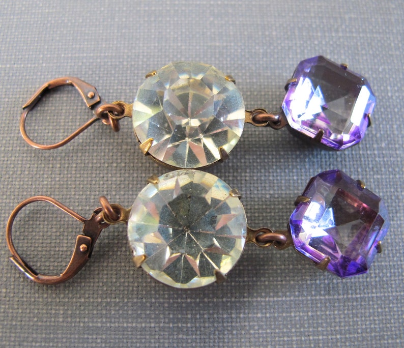 Rhinestone Earrings, Copper Earrings, Copper Jewelry, Vintage Glass, Vintage Rhinestone, Crystal Clear, Purple Glass image 4