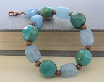 Aquamarine Bracelet, Copper Bracelet, Gemstone Jewelry, Czech Glass, Pale Blue, Turquoise Glass, Copper Jewelry