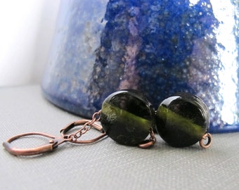 Glass Earrings, Copper Earrings, Green Earrings, Recycled Glass, Olive Green, Lampwork Glass, Dangle Earrings, Copper Jewelry