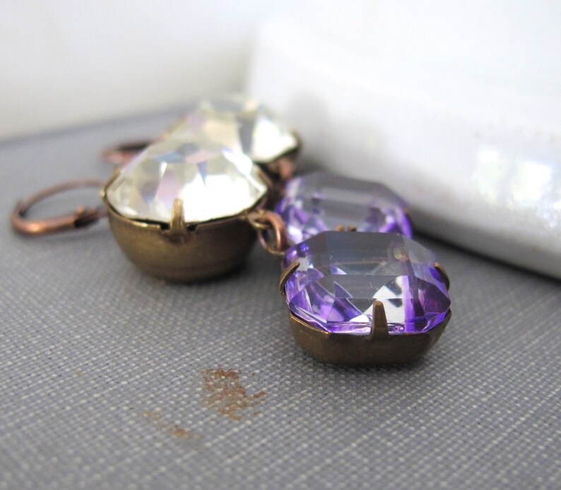 Rhinestone Earrings, Copper Earrings, Copper Jewelry, Vintage Glass, Vintage Rhinestone, Crystal Clear, Purple Glass image 2