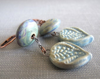 Ceramic Earrings, Copper Earrings, Lampwork Glass, Glass Earrings, Clay Earrings, Aqua Blue, Ceramic Leaves