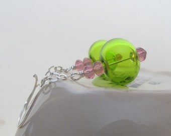 Hollow Glass, Glass Earrings, Silver Earrings, Lime Green, Pale Pink, Silver Jewelry, Silver Chain, Sterling Silver