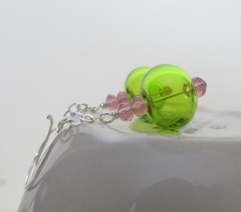 Hollow Glass, Glass Earrings, Silver Earrings, Lime Green, Pale Pink, Silver Jewelry, Silver Chain, Sterling Silver image 1
