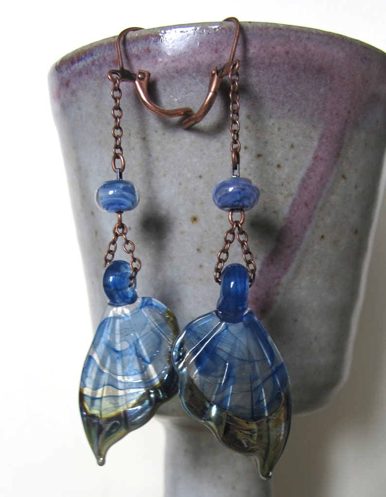 Copper Earrings, Glass Earrings, Glass Wings, Earthy Jewelry, Copper Jewelry, Wing Earrings, Glass Jewelry, Transparent Blue image 3