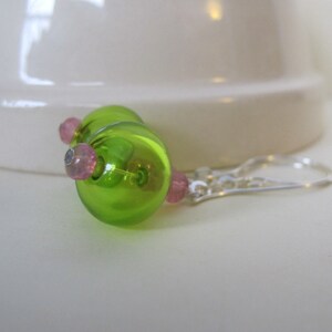 Hollow Glass, Glass Earrings, Silver Earrings, Lime Green, Pale Pink, Silver Jewelry, Silver Chain, Sterling Silver image 3