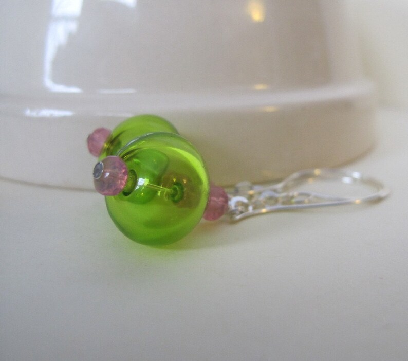 Hollow Glass, Glass Earrings, Silver Earrings, Lime Green, Pale Pink, Silver Jewelry, Silver Chain, Sterling Silver image 3