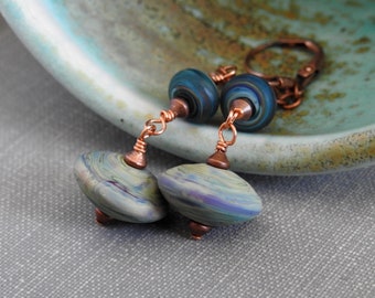 Glass Earrings, Blue Green Earrings, Copper Earrings, Lampwork Glass,  Aqua Blue,