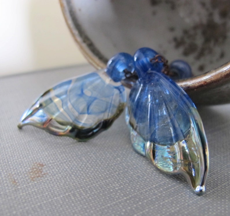 Copper Earrings, Glass Earrings, Glass Wings, Earthy Jewelry, Copper Jewelry, Wing Earrings, Glass Jewelry, Transparent Blue image 1