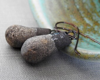 Porcelain Earrings, Copper Earrings, Charcoal Black, Black Earrings, Ceramic Earrings, Dark Grey, Copper Jewelry