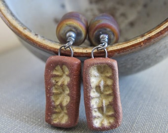 Ceramic Earrings, Silver Earrings, Lampwork Glass, Glass Earrings, Clay Earrings, Reddish Brown, Sterling Silver