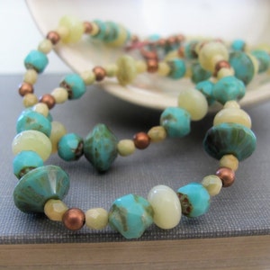 Beaded Necklace, Yellow African Opals, Turquoise Glass, Endive Green Glass, Pale Yellow Green, Copper Jewelry, Czech Glass image 4