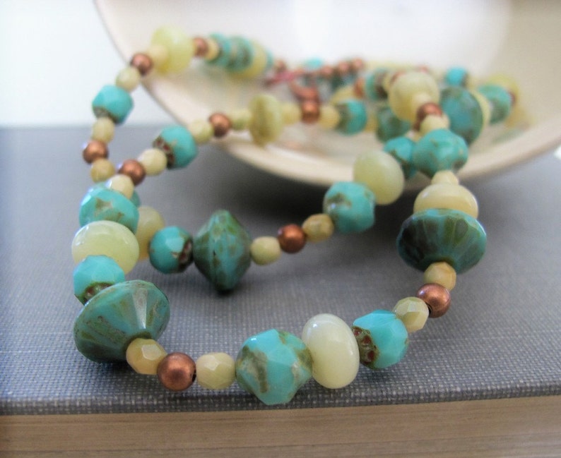 Beaded Necklace, Yellow African Opals, Turquoise Glass, Endive Green Glass, Pale Yellow Green, Copper Jewelry, Czech Glass image 4