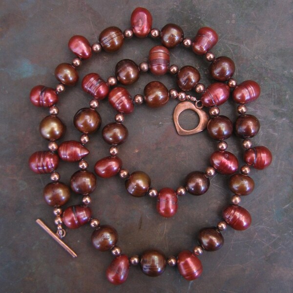 Pearl Necklace, Copper Necklace, Beaded Necklace, Raspberry Toffee, Burgandy Pearls, Chocolate Pearls, Pearl Jewelry