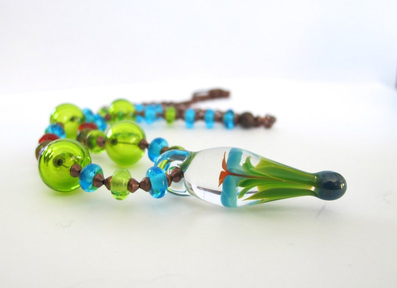 Glass Necklace, Pendant Necklace, Flower Pendant, Sky Blue Glass, Lime