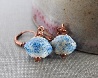 Ceramic Earrings, Blue Earrings, Copper Earrings, Clay Beads, Clay Earrings, Blue Splatter, Blue and Beige