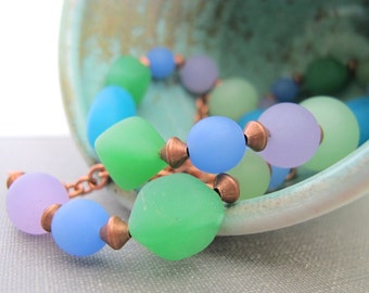 Copper Necklace, Recycled Glass, Glass Necklace, Lavender Glass, Green Glass, Blue Glass, Copper Chain,