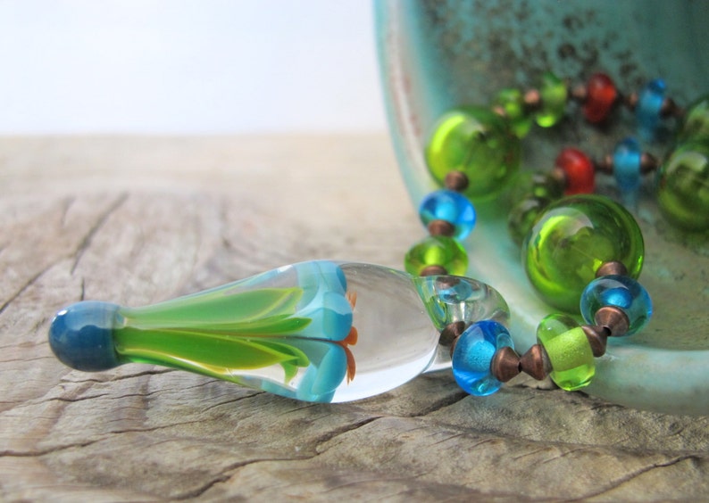 Glass Necklace, Pendant Necklace, Flower Pendant, Sky Blue Glass, Lime
