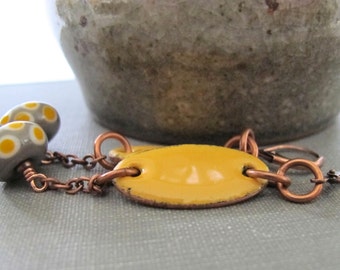 Yellow Earrings, Enameled Earrings, Deep Yellow, Enameled Copper, Saffron Yellow, Dark Grey, Yellow Dots, Lampwork Glass