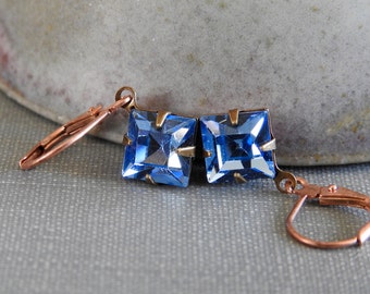 Blue Earrings, Light Sapphire, Copper Earrings, Vintage Glass Charms, Faceted Blue, Swarovski Jewels, Rhinestone Earrings