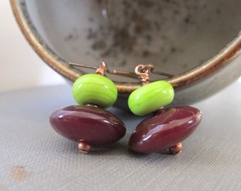 Glass Earrings, Copper Earrings, Green Glass, Red Wine Glass, Spring Green, Lampwork Glass, Lime Green, Copper Jewelry