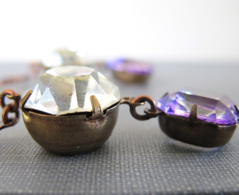 Rhinestone Earrings, Copper Earrings, Copper Jewelry, Vintage Glass, Vintage Rhinestone, Crystal Clear, Purple Glass image 3