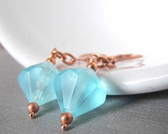 Copper Earrings, Lucite Earrings, Blue Lucite, Copper Jewelry, Lucite Jewelry, Beaded Jewelry, Vintage Lucite