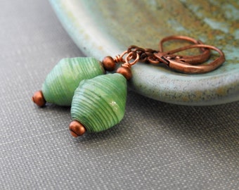 Green Earrings, Paper Earrings, Soft Green, Recycled Paper, Copper Earrings, Copper Jewelry