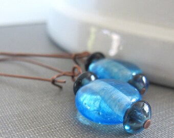 Sky Blue Earrings, Glass Earrings, Copper Earrings, Dangle Earrings, Denim Blue Glass, Lampwork Glass, Swirled Blue, Copper Jewelry