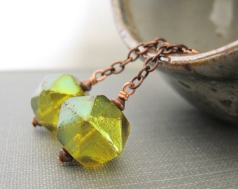 Green Earrings, Copper Earrings, Pear Green, Green Glass, Oxidized Copper, Glass Jewelry, Copper Jewelry, Czech Glass,