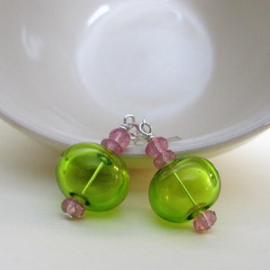 Hollow Glass, Glass Earrings, Silver Earrings, Lime Green, Pale Pink, Silver Jewelry, Silver Chain, Sterling Silver image 4