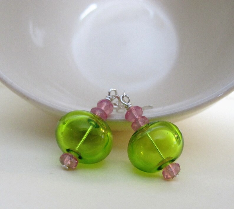 Hollow Glass, Glass Earrings, Silver Earrings, Lime Green, Pale Pink, Silver Jewelry, Silver Chain, Sterling Silver image 4