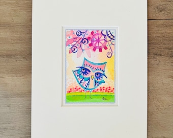 Lost in Thought - original small painting 5x7 matted cute owl art