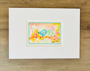 Together Is Better - original small painting 5x7 matted cute bird art