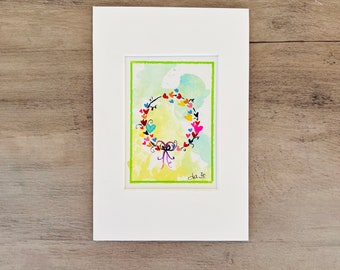Health and Happiness - original small painting 4x6 matted spring wreath cute art