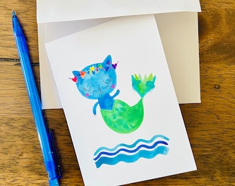 The Purrmaid set of 6 blank inside small folded cards with envelopes cat mermaid rainbow cute thank yous