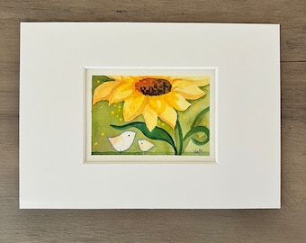 Mothers Day- original small painting 5x7 matted cute bird art sunflower mom and baby