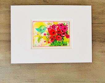 Smell the Roses - original small painting matted 5x7 cute bird art