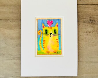 Hungry Eyes - original small painting 5x7 matted cute cat art