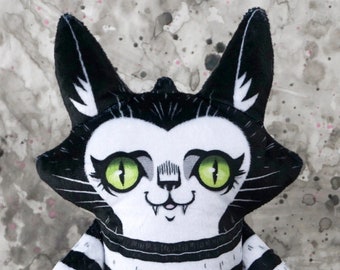 Spooky Cute Cat Doll in a striped sweater, custom printed super soft fabric, black cat toy, black and white illustrated cat with green eyes