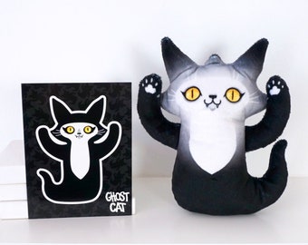 Ghost Cat Plush Toy - Spooky cute kitty doll with yellow eyes - Comes with free Ghost Cat postcard