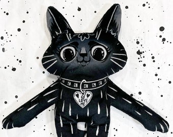 Black Cat BFF Best friend cat doll, Super Soft, Striped tail, Heart collar ID with Love Me written on it, Soft toy for black cat lovers