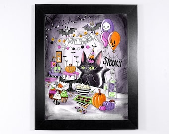 Art Print - Halloween Party - 8 x 10 - Black cat cannot belive how many treats there are to eat
