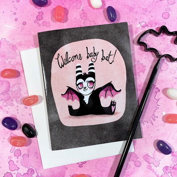 Welcome Baby Bat - A glossy greeting card for new baby - Hearts inside