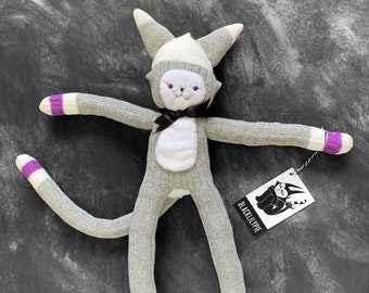 Sock Monkey Cat Doll - A traditional handmade toy - Baby gift or nursery decor - purple details - Made from new pair of socks