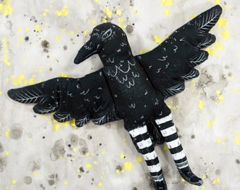 Crow - Soft and Spooky Plush doll made from illustration - black and white custom printed art - super soft fabric - black raven doll