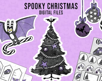 Spooky Christmas Digital files - Gift tags, stickers, labels with goth candy canes, bats, coffin, cat, black tree - Personal use graphics